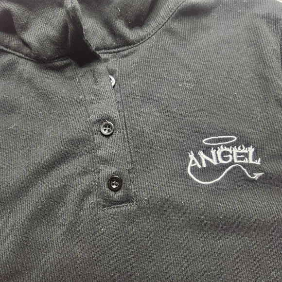 Faded Rose Angel Y2K Black Long Sleeve Crop Polo Shirt - Picture 4 of 9